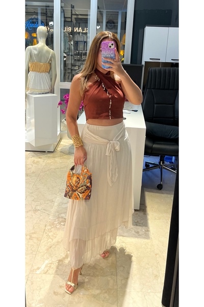 ŞEYMA KANDEMİR Krem Bağlama detaylı İpek Etek