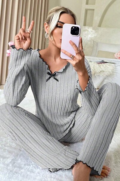 BİLGİMOLA Women's Gray Striped Long Sleeve Bow Detailed Pajama Set Comfortabl...