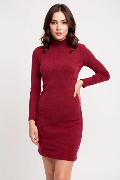 BİLGİMOLA Women's Burgundy Camisole Turtleneck Long Sleeve Bodycon Mini Dress...
