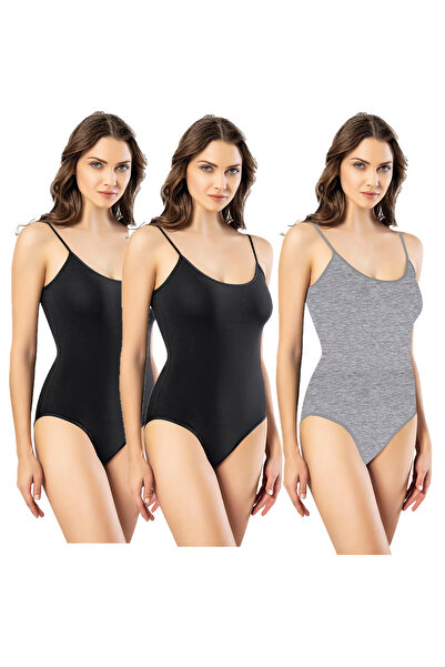 Pi Giyim 3-Pack Women's String Strap Bodysuit with Hooks Combed Cotton 2 Black 1 Gray