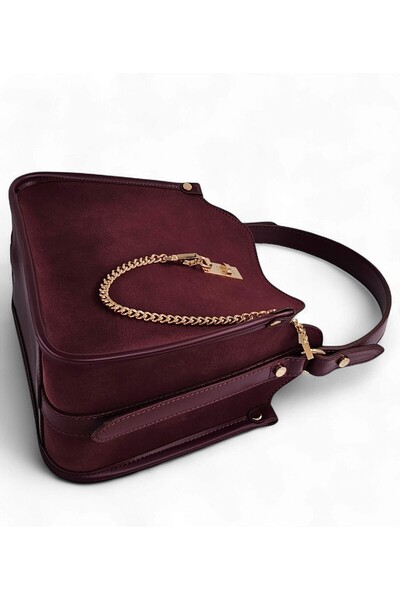 Evident Burgundy Nubuck Chain Accessory Detailed Hand & Shoulder Women's Bag