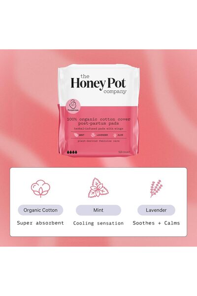 Honeypot The Honey Pot Company Clean Cotton Postpartum Pads - Herbal-Infused, 12 ct