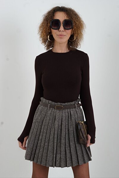 Zelish My Sister Beige Belted Pleated Mini Skirt with Shorts Lining Inside