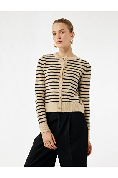 Koton Long Sleeve Crew Neck Striped Knitwear Cardigan