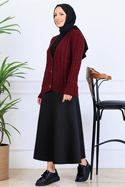 TRENDTESETTÜR Women's Burgundy Knitwear Cardigan t 0004