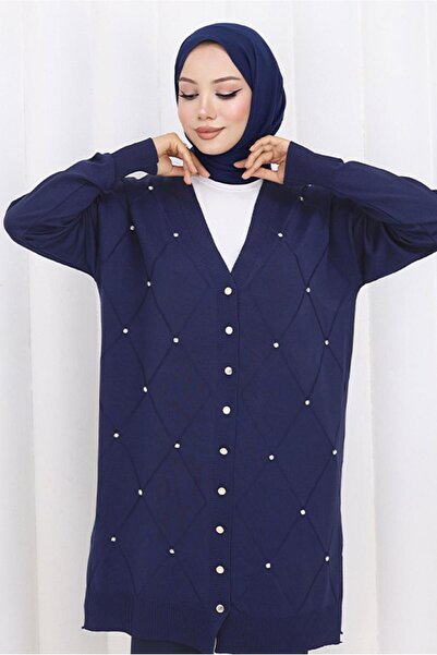 TRENDTESETTÜR Women's Navy Blue Baklava Patterned Long Cardigan t 6423