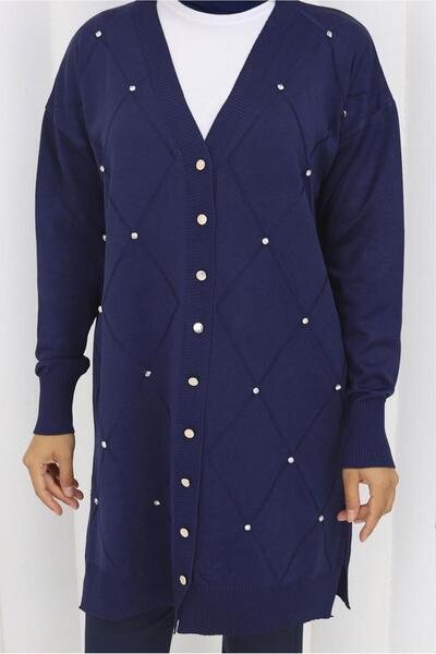 TRENDTESETTÜR Women's Navy Blue Baklava Patterned Long Cardigan t 6423