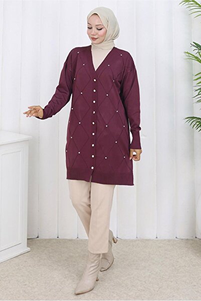 TRENDTESETTÜR Women's Plum Baklava Patterned Long Cardigan t 6423