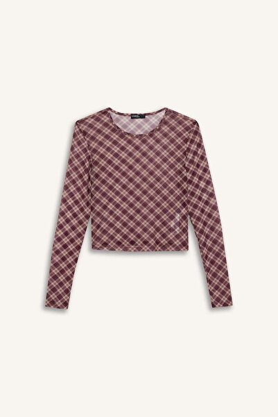 DeFacto Coool Fitted Checkered Tulle Long Sleeve T-Shirt G3024Ax25Wn
