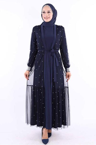 TRENDTESETTÜR KADIN LACİVERT İNCİLİ ABAYA TAKIM T 1948