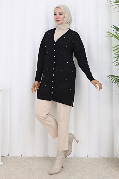 TRENDTESETTÜR Women's Black Baklava Patterned Long Cardigan t 6423