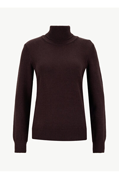 Mustang Balıkçı Yaka Relaxed Düz Örgü Desenli Kahve Kazak Kadın M5WL-KZK1449