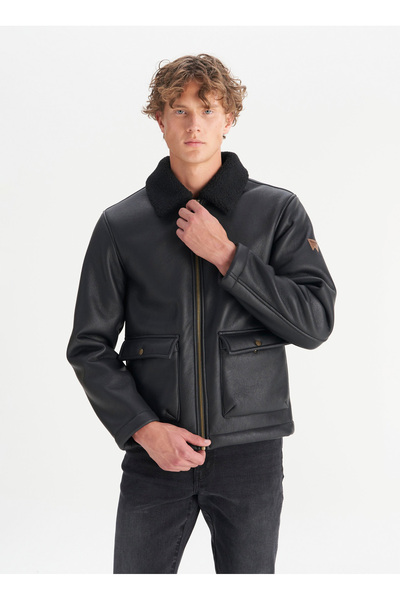 WRANGLER Jachetă din piele neagră pentru bărbați W45L0301936 Jachetă din piele neagră