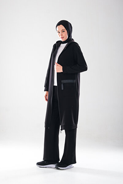 Plistre 2282_Women's Mesh Detailed Hooded Zipper Hijab Cap-Tube Leg Pants 2-Piece Sports Set, Black