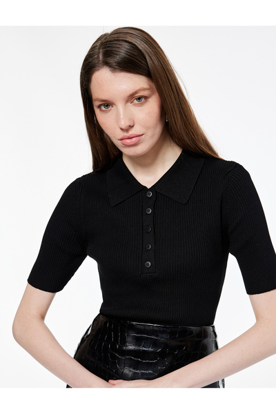 Koton Regular Fit Half Button Short Sleeve Polo Neck Knitwear Sweater