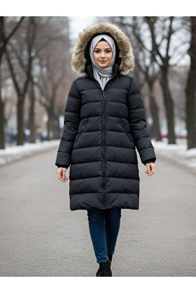 BERNEO Palton lung pentru femei, cu glugă, cu detalii din pluș