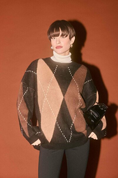 DeFacto Oversized Wide Fit Crew Neck Diamond Pattern Knitwear Sweater G6544Ax25Wn