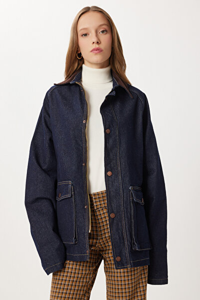 Lovelyİstanbul Kadife Yaka Uzun Denim Ceket LRI0025 KOYU MAVİ