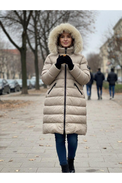 BERNEO Palton lung pentru femei, cu glugă, cu detalii din pluș