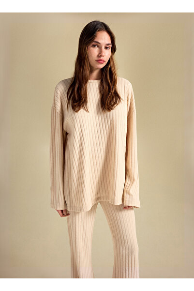 People By Fabrika Bisiklet Yaka Loose Fit Armürlü Bej Kazak Kadın PBF5WL-KZK9529