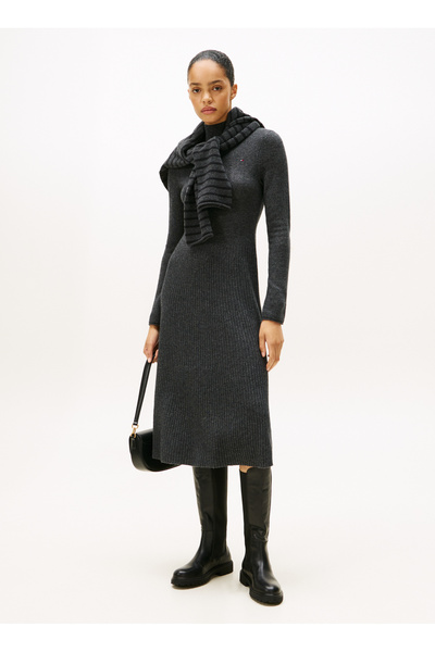 Tommy Hilfiger Dik Yaka Düz Gri Uzun Kadın Elbise WW0WW47303P4E