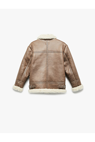 Koton Plush Collar Long Sleeve Pocket Zipper Faux Leather Jacket