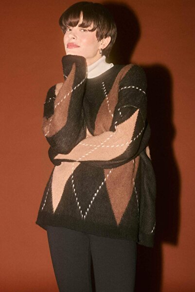 DeFacto Oversized Wide Fit Crew Neck Diamond Pattern Knitwear Sweater G6544Ax25Wn