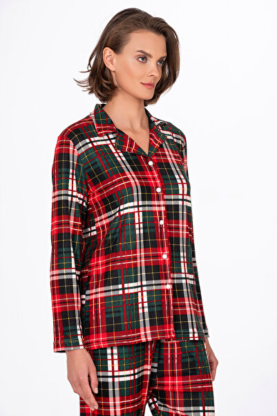 Kompedan Kadın Süet Önden Düğmeli Pijama Takımı | Yeşil Ekose