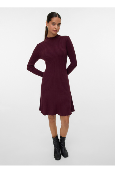 Vero Moda Bisiklet Yaka Bordo Uzun Kadın Elbise VMNANCY RIB LS FUNLNCK SKATER DRESS
