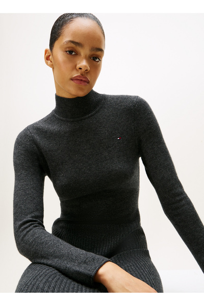 Tommy Hilfiger Dik Yaka Düz Gri Uzun Kadın Elbise WW0WW47303P4E