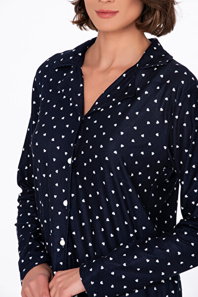 Kompedan Kadın Süet Önden Düğmeli Pijama Takımı | Kalpli Lacivert