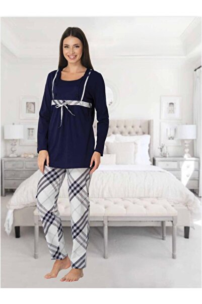 Lohusa Homewear طقم بيجامة شتوية للحوامل بأكمام طويلة باللون الأزرق الداكن لل...