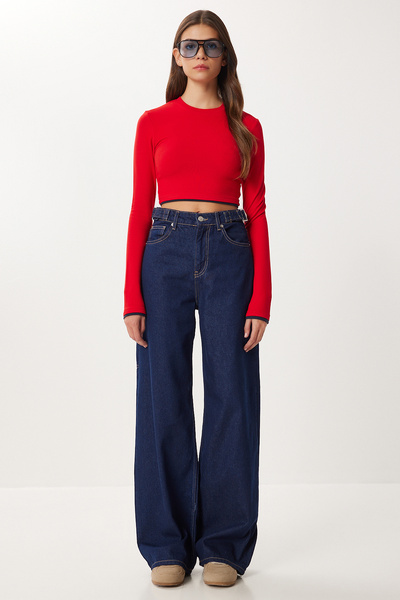 Lovelyİstanbul Wide Leg Jeans with Belt Detail Lri0026 Dark Blue