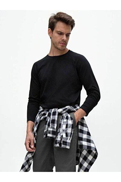 ELNOYA سويت شيرت أسود قصة فضفاضة بأكمام طويلة للجنسين – مريح بخيطين.