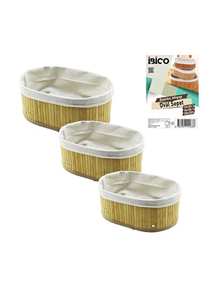 Go İthalat 3-Piece Oval Bamboo Edge Organizer Basket with Wooden Base - with Cloth 13X22-16X26-20X30Cm (5273)