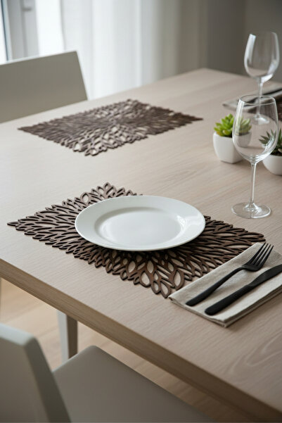 Grandmix Ahşap Dikdörtgen Amerikan Servis İkili Set Koyu Renk Yaprak Desenli ...