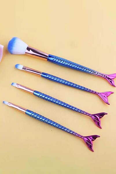 TAKIŞTIR Set of 4 Blue and Pink Colored Makeup Brushes with Fishtail Shape