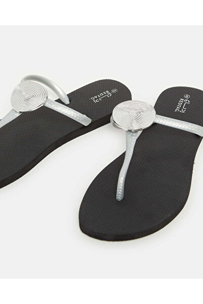 REDTAG Women Black With Silver Buckle Trim Flip Flop