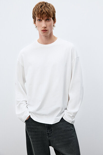 ELNOYA Unisex Beyaz Oversize Basic Uzun Kollu Sweatshirt – Günlük Rahat Bisiklet Yaka