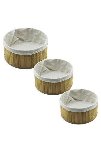 Go İthalat 3 Size Round Bamboo Edge Organizer Basket with Wooden Base - with Cloth 21X25X28Cm (5273)