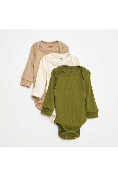 KİABİ مجموعة من 3 أجسام بفتحة رقبة على شكل مغلف وأكمام طويلة، لون بيج