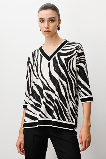 Moda İlgi Modailgi Zebra Desen V Yaka Ribanalı Bluz Zebra