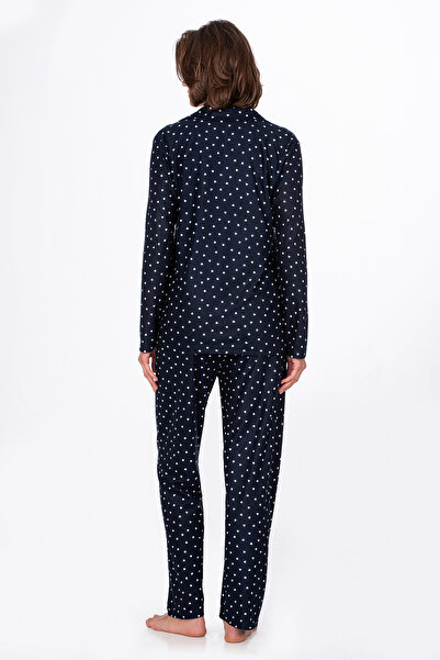 Kompedan Kadın Süet Önden Düğmeli Pijama Takımı | Kalpli Lacivert