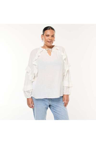 KİABİ Voluminous Swiss Dot Blouse with Neck Tie Details WHITE