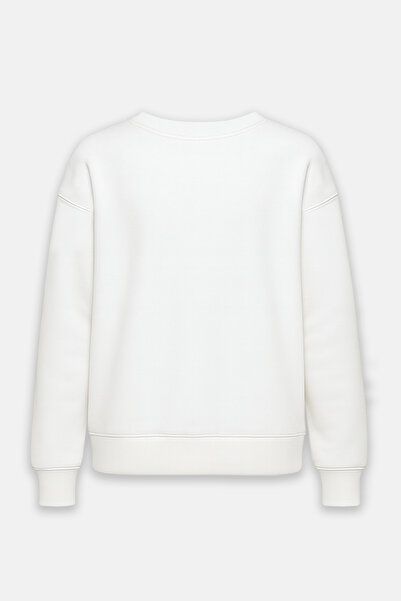 Amia&Co. White Crew Neck Fleece-Lined Printed Oversized Sweatshirt