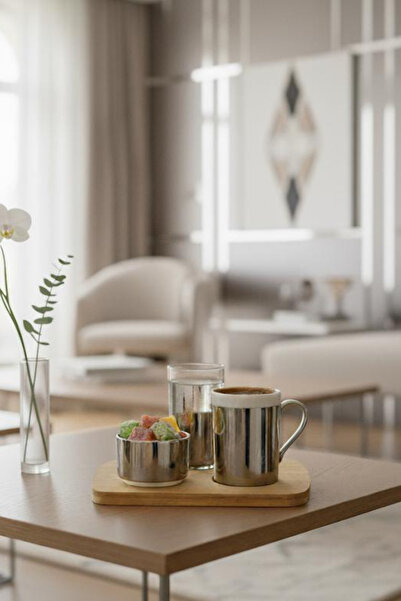 grimorlife 6-Person Silver Porcelain Turkish Coffee Cup Presentation Set with Bamboo Tray-Cup Set