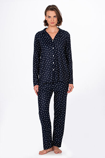 Kompedan Kadın Süet Önden Düğmeli Pijama Takımı | Kalpli Lacivert