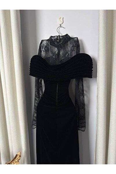 hind fashion Soft velvet evening dress with lace sleeves