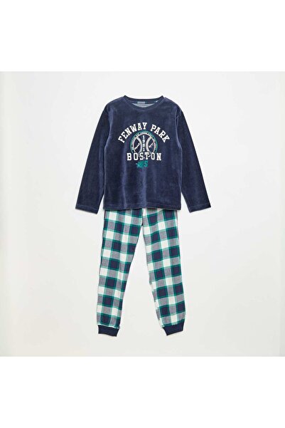 KİABİ طقم بيجامة طويل من قطعتين مصنوع من خامتين - تيشيرت + بنطال أزرق