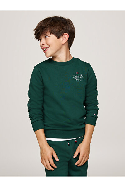 Tommy Hilfiger Boys Ornamental Green Logo Puff Embr Regular Crew Neck Sweatshirt